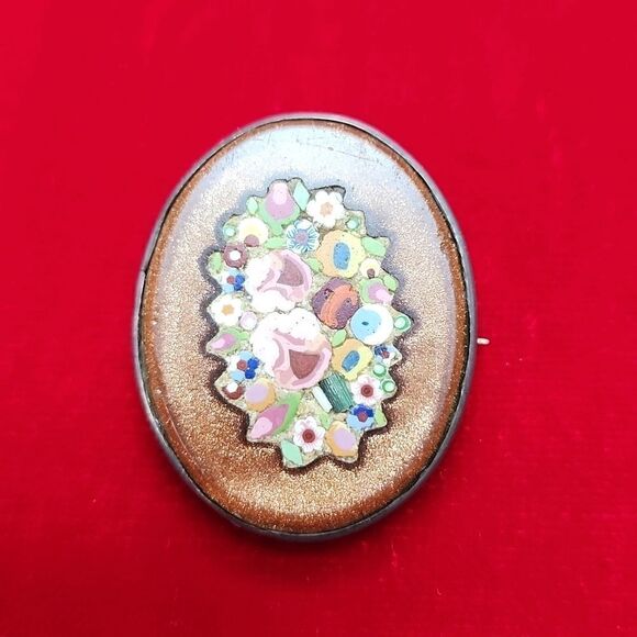 Victorian Pietra Dura Italian Gold Stone Floral Mosaic Pin Brooch - Picture 1 of 2